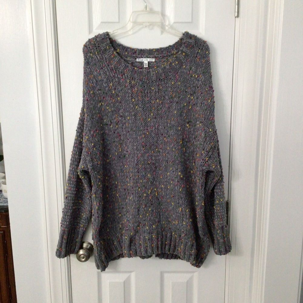 Women’s Seven7 Gray Confetti Crew Neck Plus Size XX Sweater with Ruffle Detail
